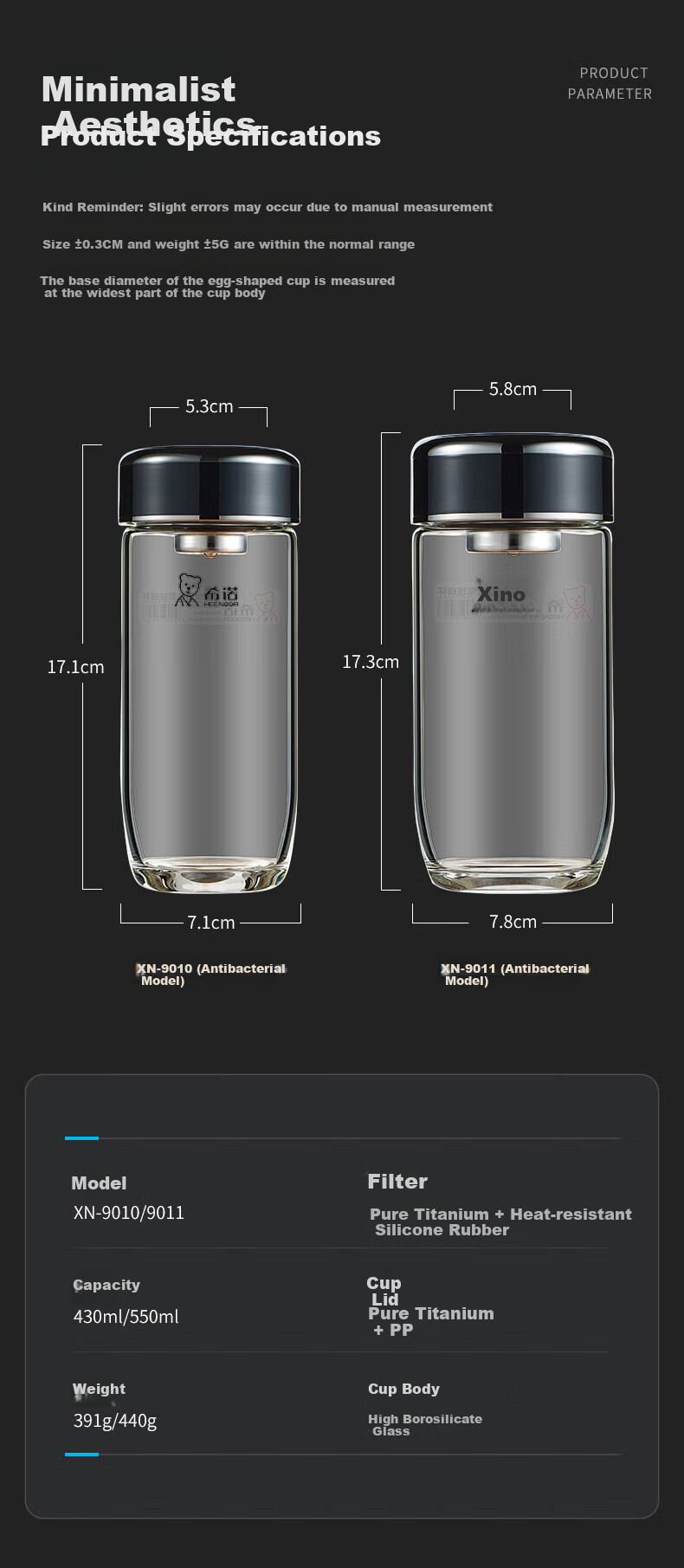 XINNUO Single-Layer Glass Cup for Men Home Office Tea Brewing with Filter Car Water Bottle XN-7718 Natural Color 550mL 10