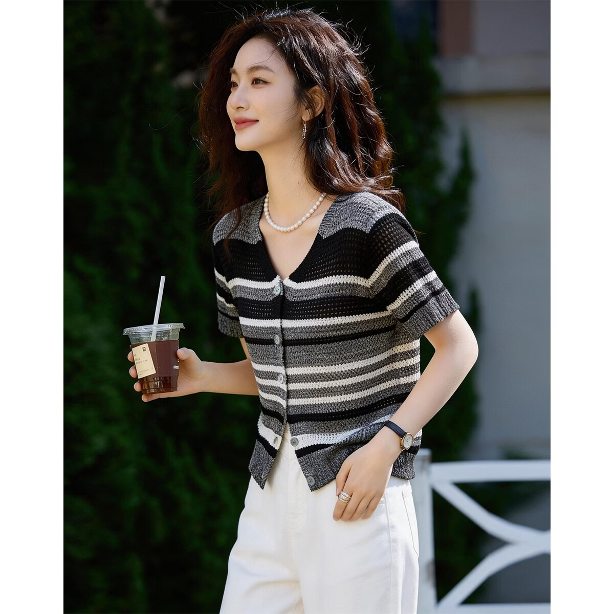 Demana [Salt Style Lazy] Summer V-Neck Color-Block Striped Hollow Jacquard Slim Knit Cardigan for Women Premium Feel