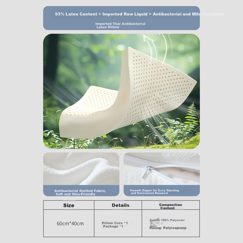 FUANNA Thai Imported Natural Latex Pillow, Antibacterial Fabric Wavy Breathable Adult Cervical Pillow Core Gift 60*40cm