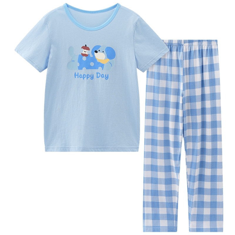 Hodo Kids Cotton Short Sleeve Pajama Set Summer Thin Air Conditioning Homewear 7A Antibacterial J3365 Blue 120