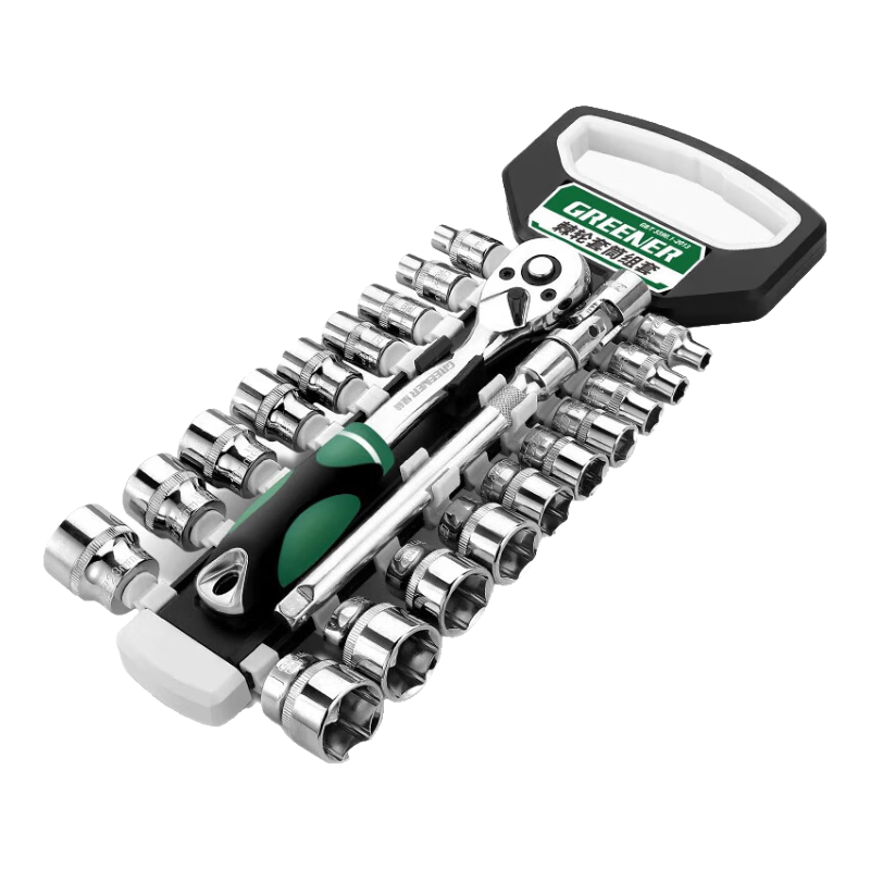 GREENER Flagship Curved Handle 72-Tooth 24-Piece Set, 3/8" Drive Ratchet Socket Set, Household Wrench, Quick Auto Repair Tool Kit