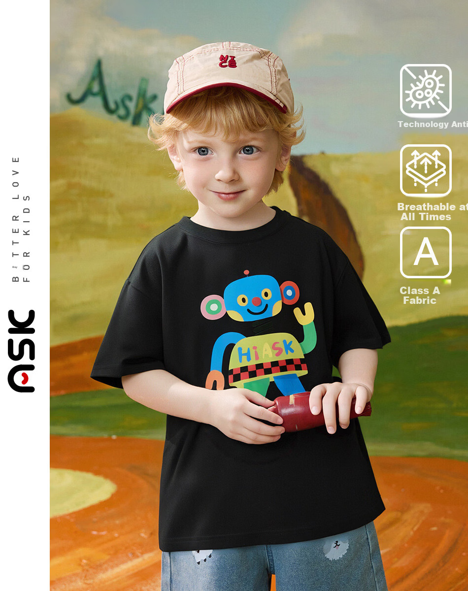 ASK JUNIOR 【7A Antibacterial】Children's Pure Cotton Short Sleeve T-Shirt Summer Boys Breathable Running Sports Top 6