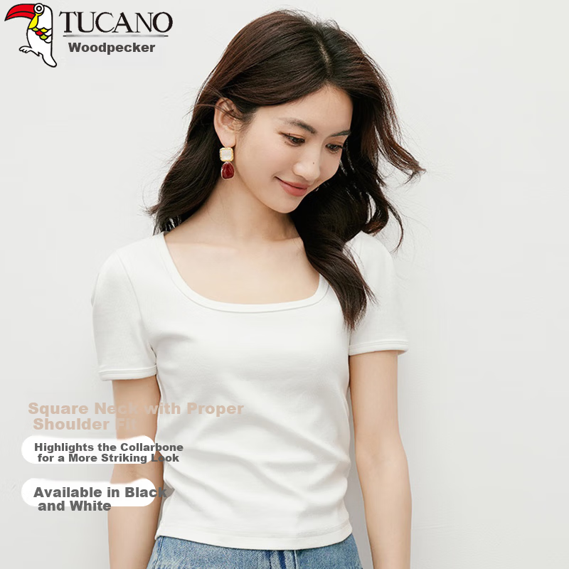 Woodpecker Women's Square Neck Short Sleeve T-Shirt 2025 New Spring Summer Casual Slim Fit Solid Color High-End Top White S