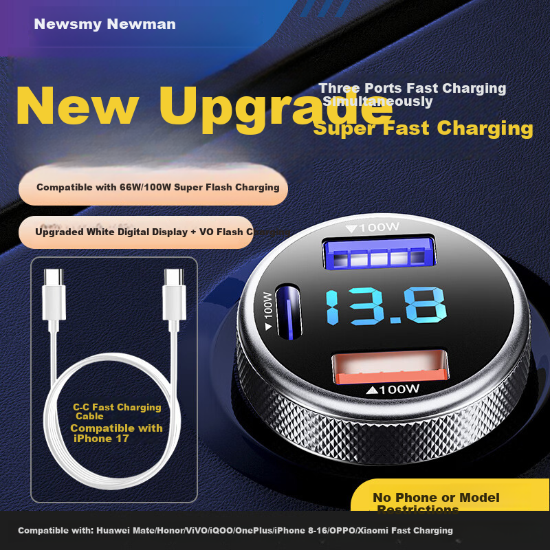 Newsmy 100W Super Fast Car Charger with Cable, Triple USB Port Cigarette Lighter Adapter, Type-C High Power Car Charger Compatible with Apple 17