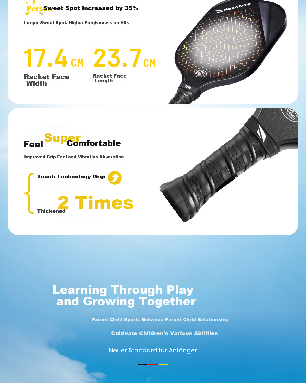 HiJump (Germany) Pickleball Paddle Set for Kids and Parents Beginner Entry-Level Carbon Fiber Paddle 6