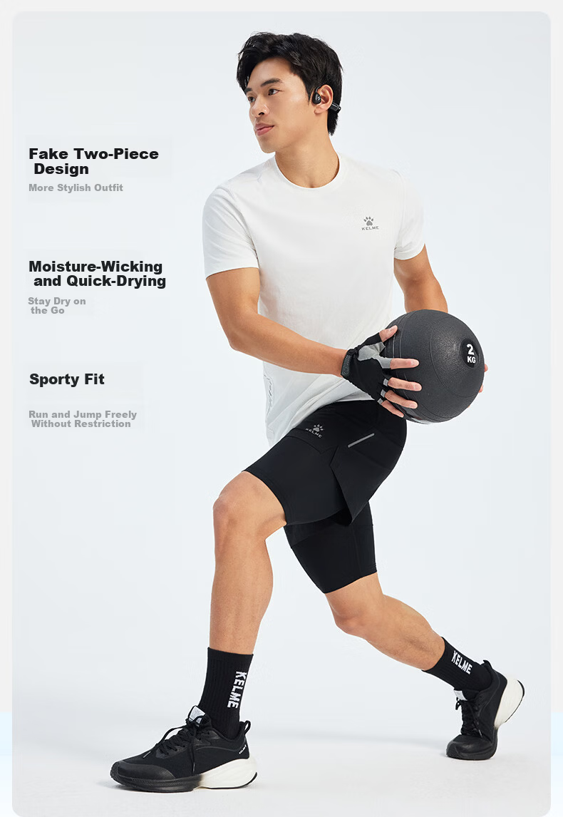 KELME Quick-Dry Men's Running Training Fitness Compression Antibacterial Two-in-One Sports Shorts Agate Black S 3