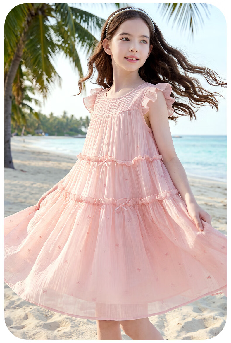 Disney Girls' Tencel Dress Summer Lightweight Princess Cake Dress for Older Children 1A112 Beige 130 14