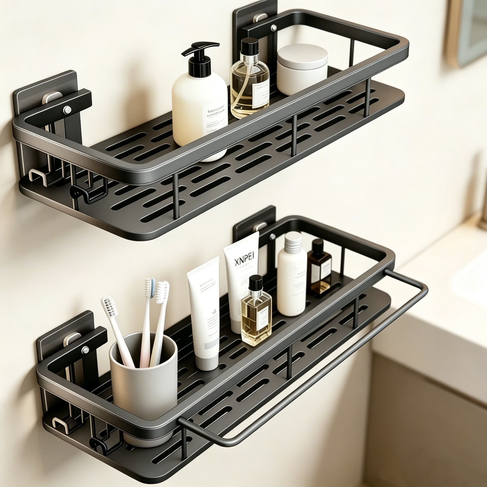 Xinpei Space Aluminum No-Drill Storage Rack, Bathroom Kitchen Wall-Mounted Shelf, Square Heavy-Duty Adhesive Rust-Proof Organizer