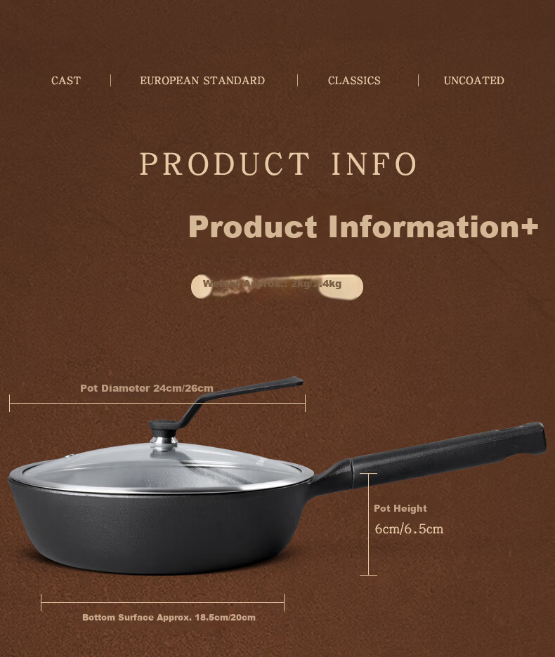 Jiu Zhu Gold Label 26cm Deep Frying Pan Cast Iron Skillet Flat Bottom Non-Coated Non-Stick Gas Stove Induction Cooker Frying Pan 19