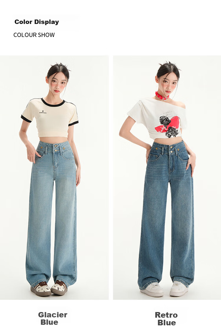 Langsha Women's Jeans Spring Autumn High Waist Slim Wide Leg Draped Loose Straight Floor-Length Pants 7