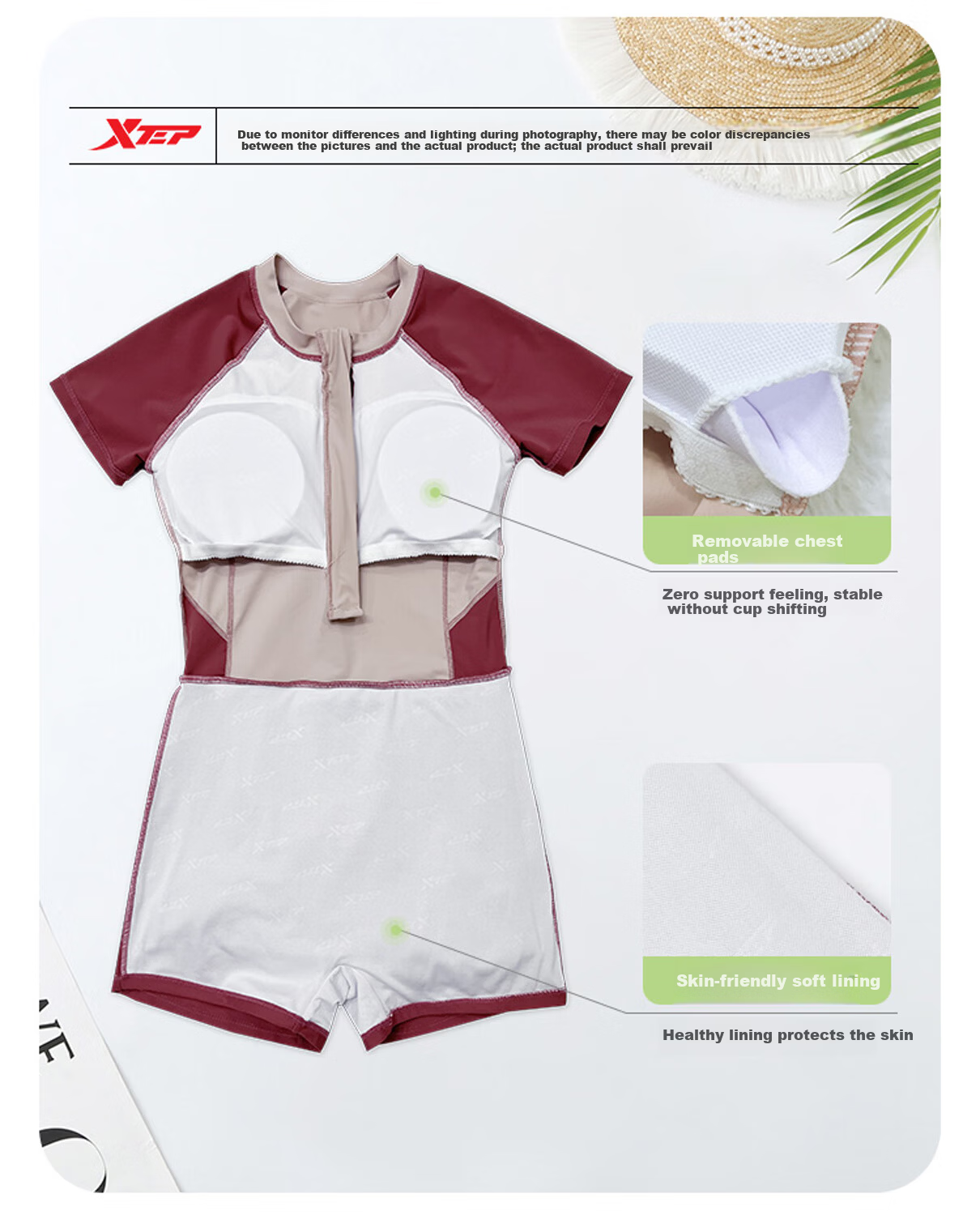 Xtep Women's Slimming Tummy Control One-Piece Conservative Swimsuit, Student Style, Small Bust Push-Up, Plus Size Sports Vacation Hot Spring Swimwear 22