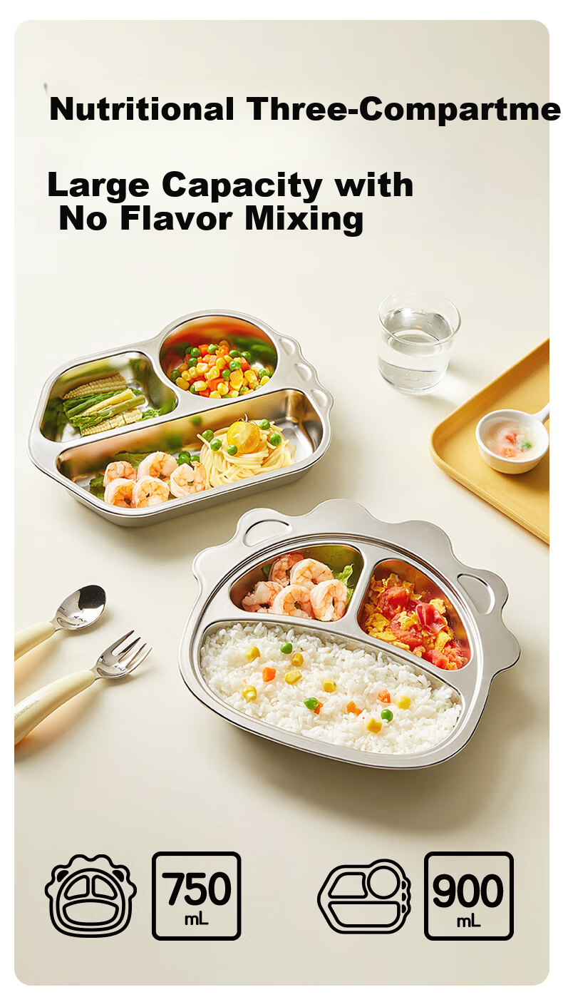 LOCK&LOCK Children's Divided Plate, 316L Stainless Steel Compartment Plate, Baby-Specific Food Tray, Kindergarten Meal Divider, Dining Utensils 5