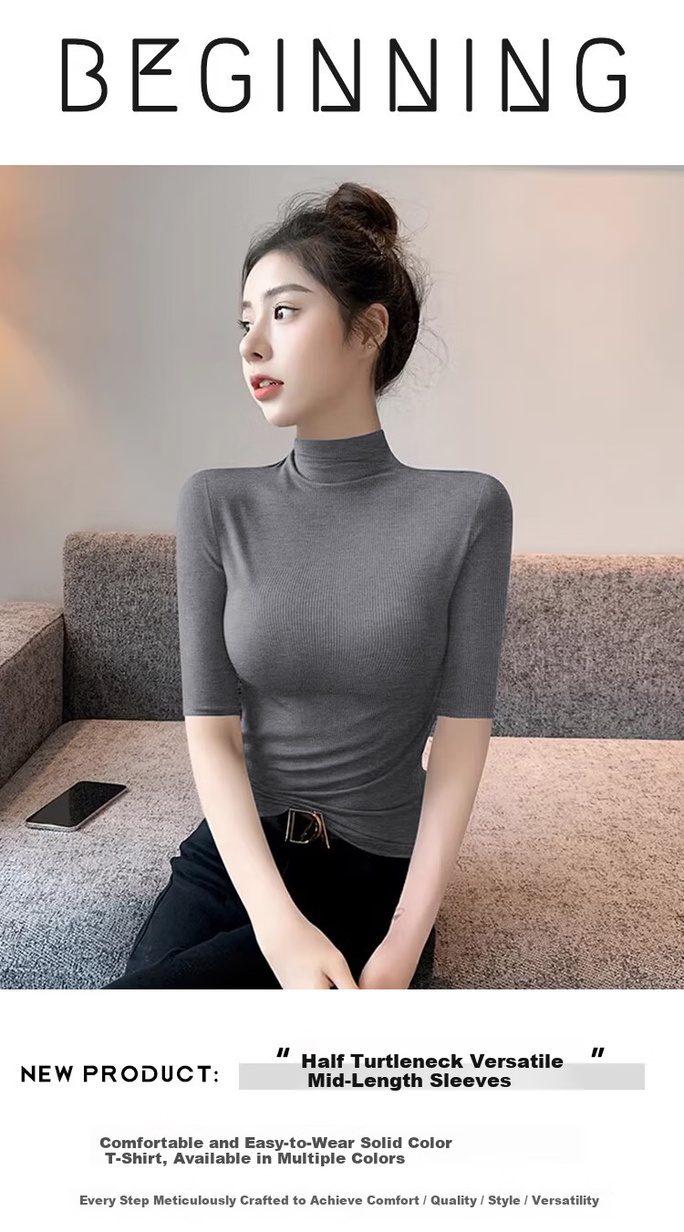 Shuangxing Women's Half Turtleneck Half Sleeve T-Shirt, 5/10 Sleeve Spring Summer New Style, Black, 2XL 2
