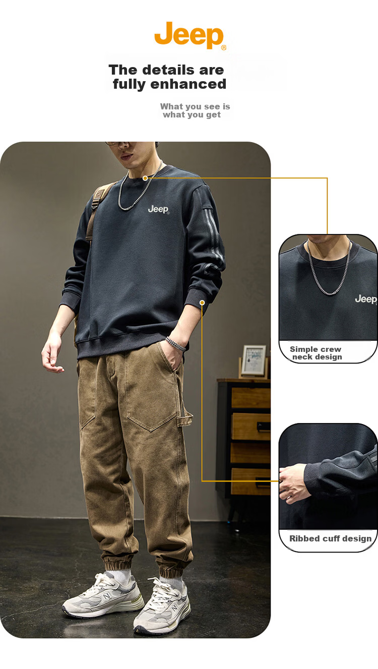JEEP Men's Sweatshirt, Loose-Fitting Trendy Heavyweight Base Layer, Casual Top for Spring And Autumn, Black, 2XL 1