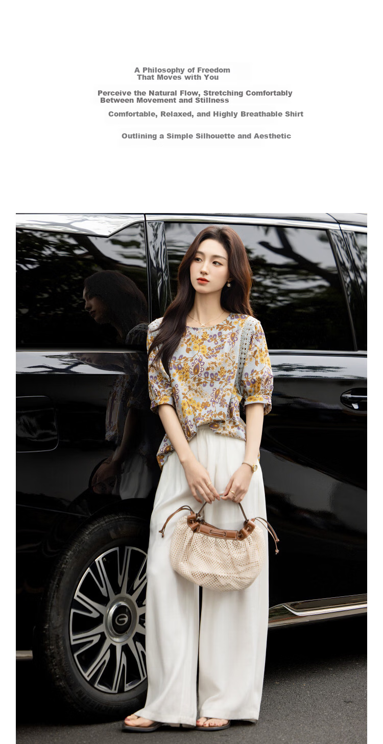 Demana [Pure Cotton Slub Texture] Summer Urban Romantic Printed Lace Ribbon Loose Slim Shirt for Women High-End Feel 2