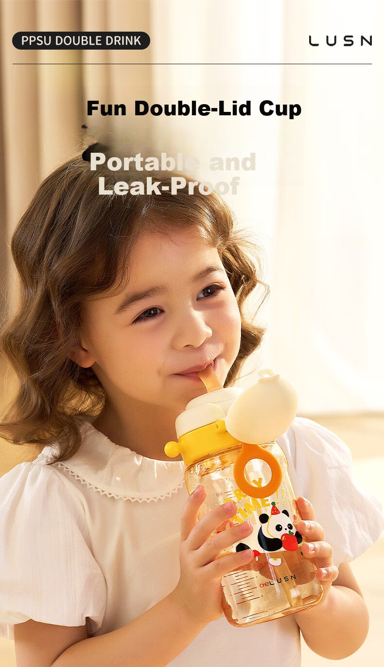 LUSN Children's PPSU Water Bottle Baby Dual Drinking Straw Cup Infant Portable Anti-Fall Training Cup 1