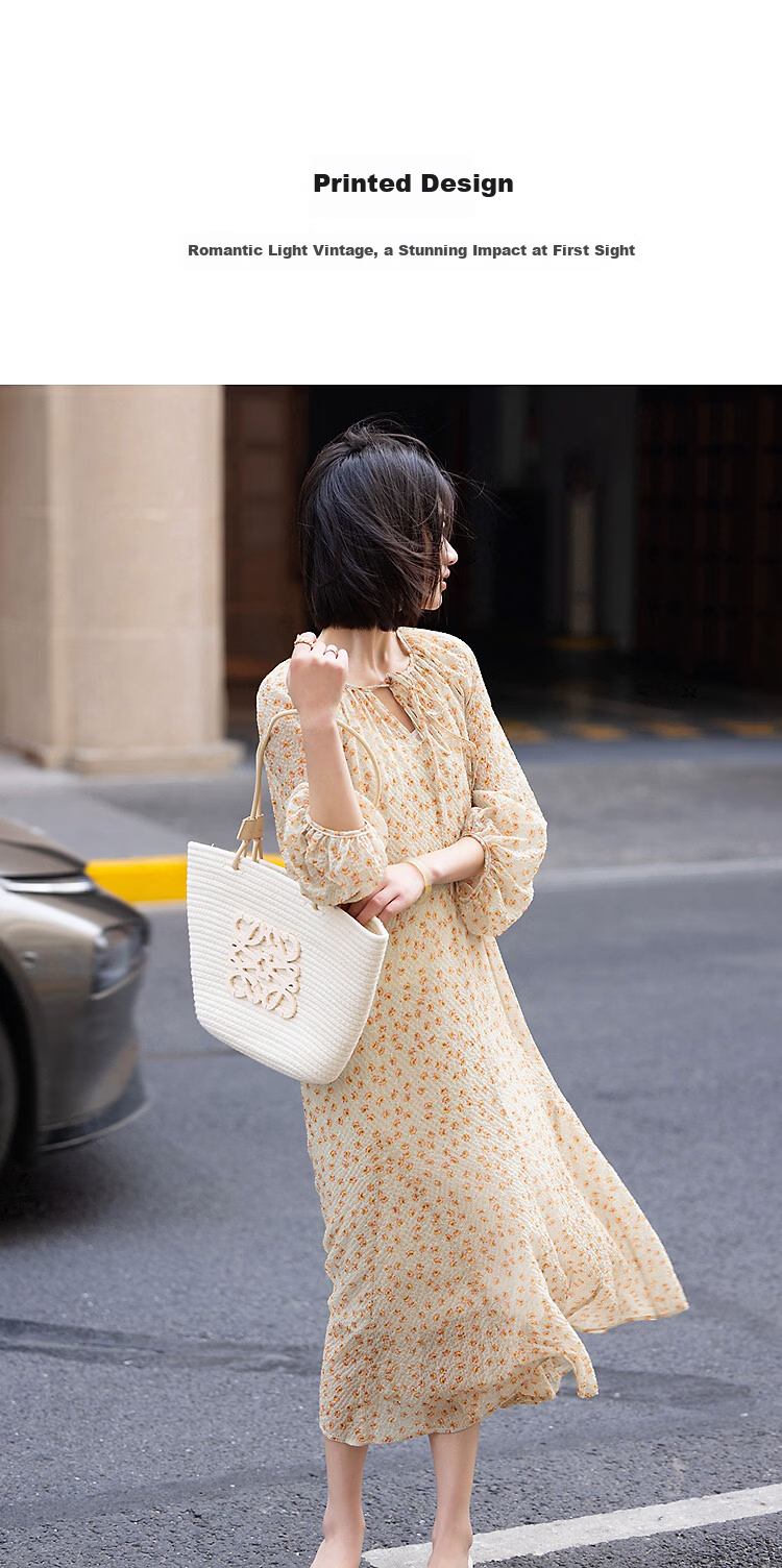 Demana [Flowers and Poetry] Spring Elegant Style Bubble Plaid Chiffon Printed Loose Slimming Dress for Women High-End Feel 6