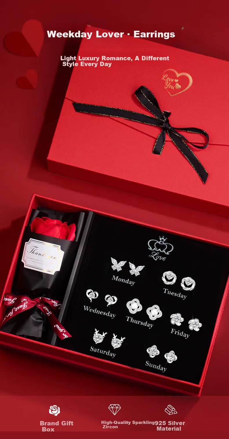 GLTEN Weekly Stud Earring Gift Box for Women Silver Needle Day of the Week Earrings High-End Birthday 520 Gift for Girlfriend Wife Premium Feel 1