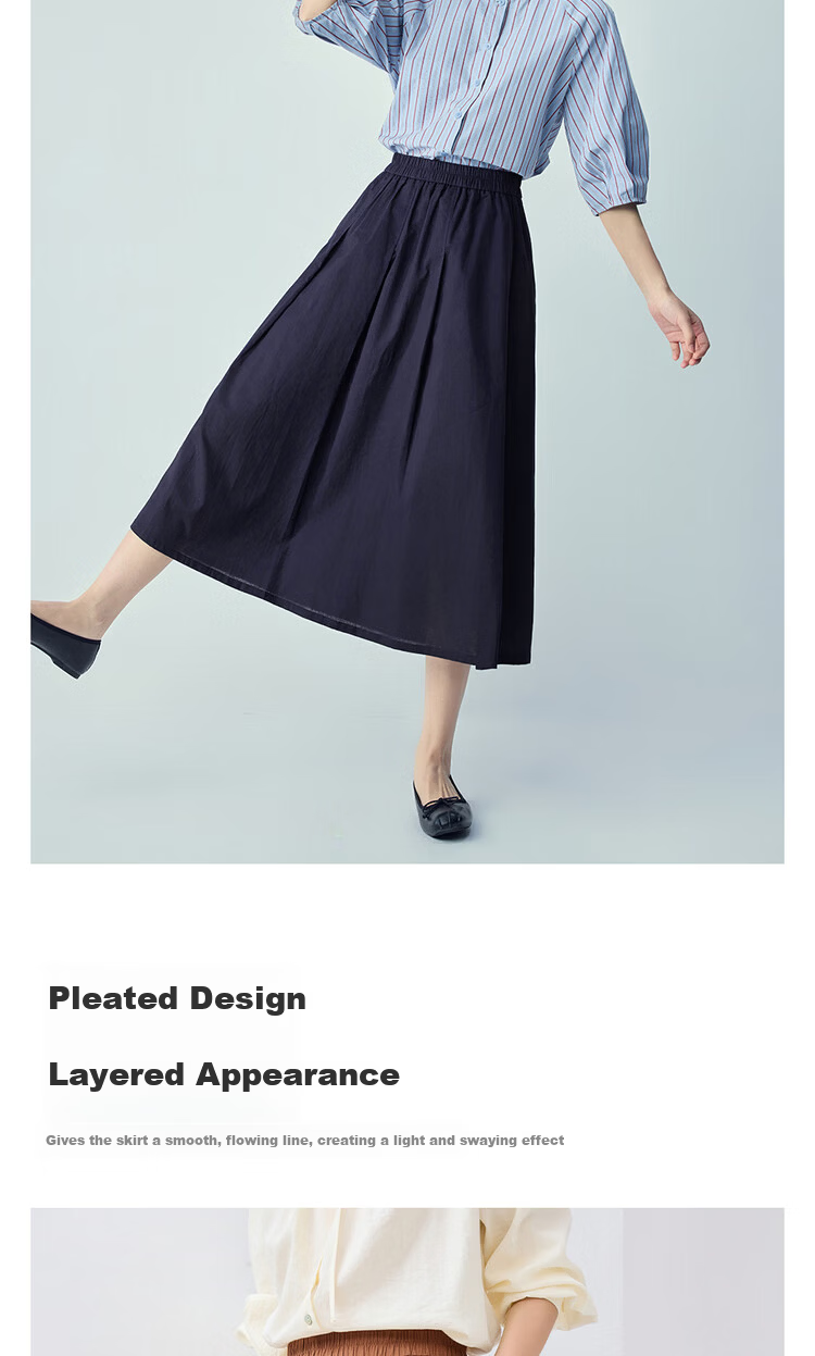 Giordano Women's Linen Skirt 2026 Spring New Cotton Linen Pleated Elastic Waist A-Line Midi Skirt 13466356 7