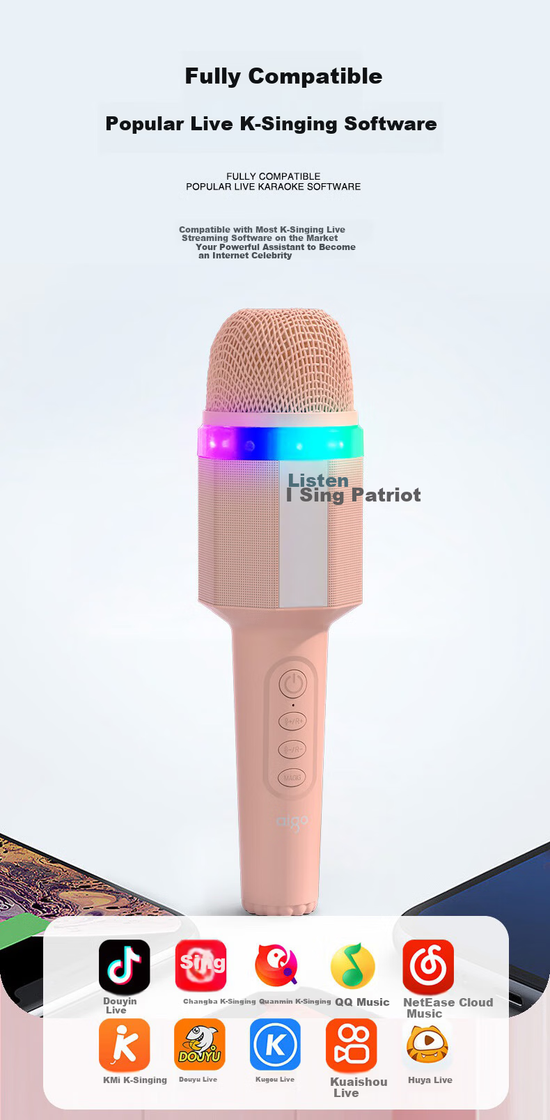 Aigo K8 Moonlight White Wireless Microphone Home KTV Voice Changer Karaoke Speaker TV Douyin Live Noise-Cancelling Bluetooth Singing Handheld Microphone All-in-One Entertainment System 8