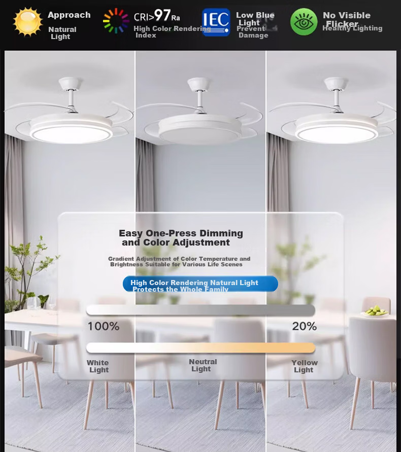 Huipujinggong LED Ceiling Fan Light with Invisible Blades, Variable Frequency Full Spectrum Lighting Fixture for Dining Room, Bedroom, Living Room, 42 Inches 2