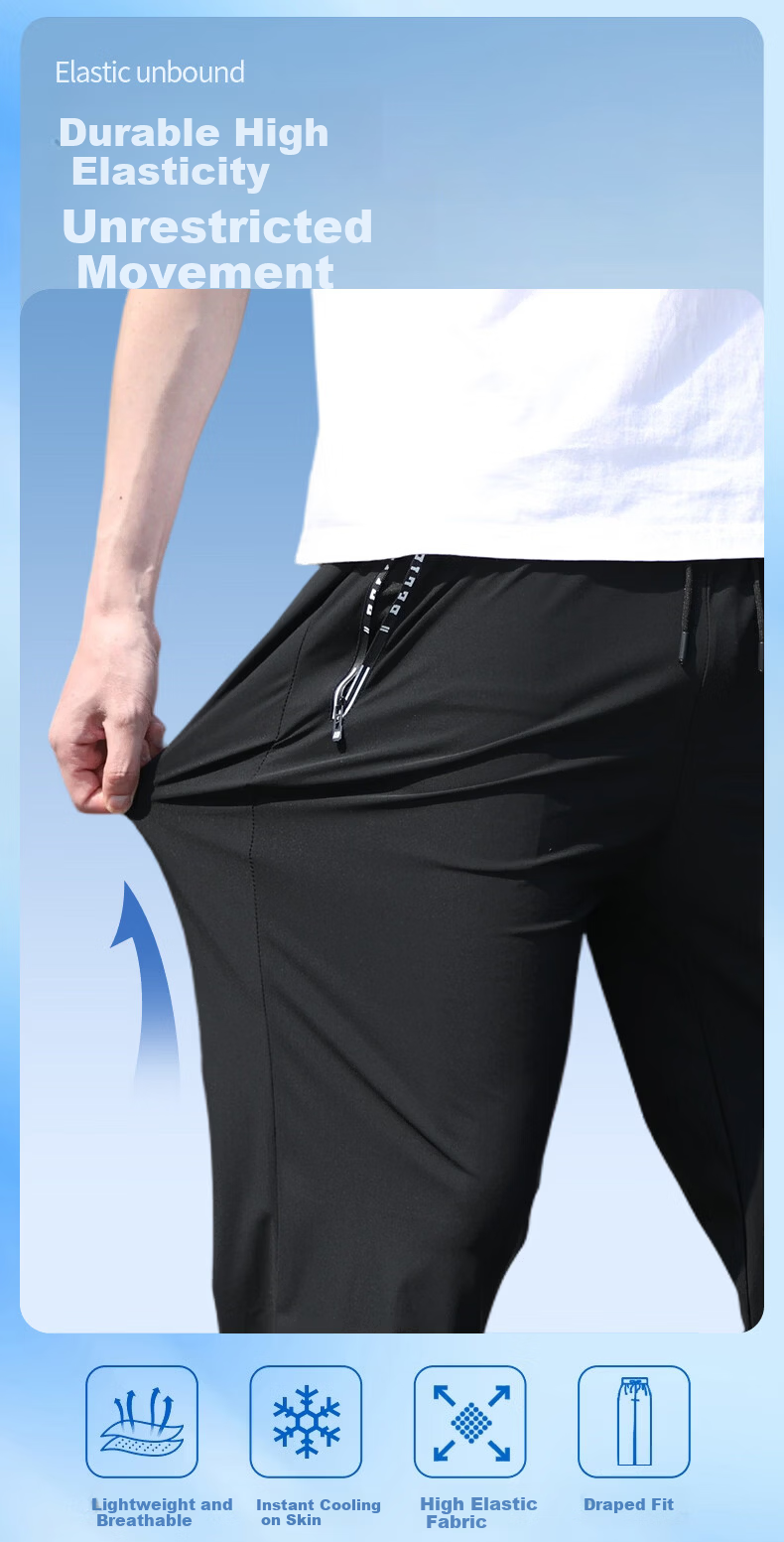 Warrior Men's Summer Quick-Dry Seven-Point Pants Breathable Ice Silk Casual Sports Pants Black XL 2