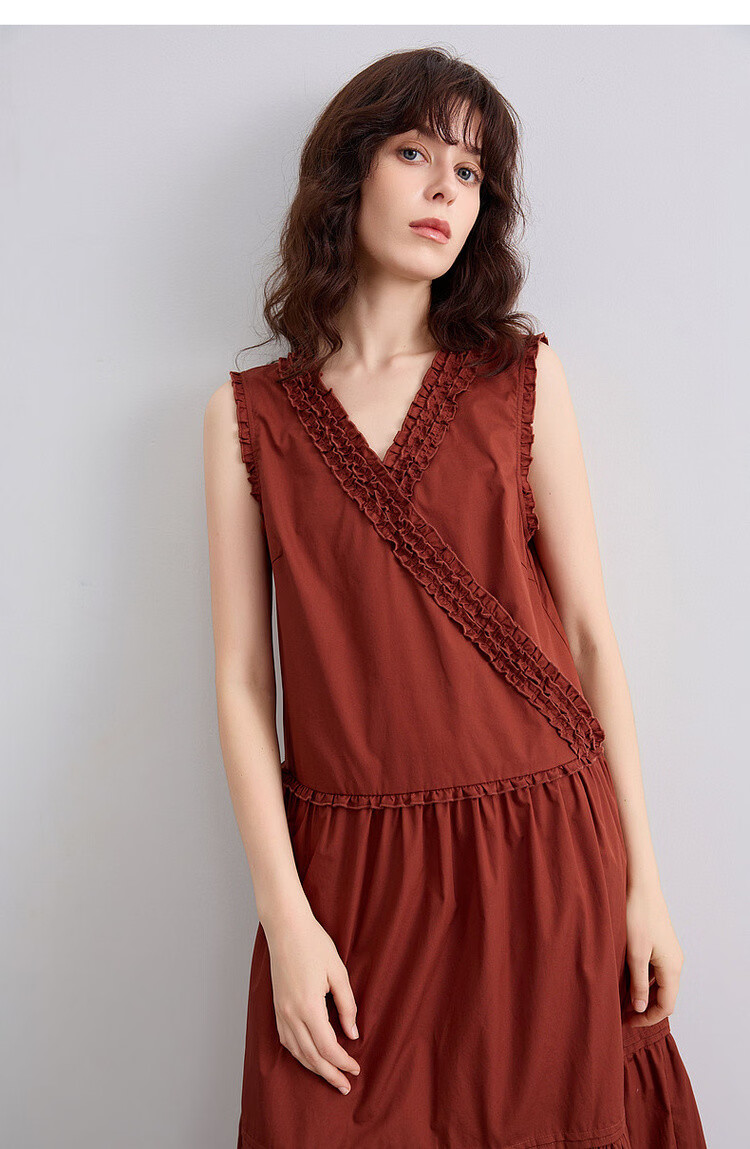 Demana [100% Cotton Poplin] Summer French Style Cross V-Neck Sleeveless Ruffle Slim A-Line Mid-Length Dress for Women 15