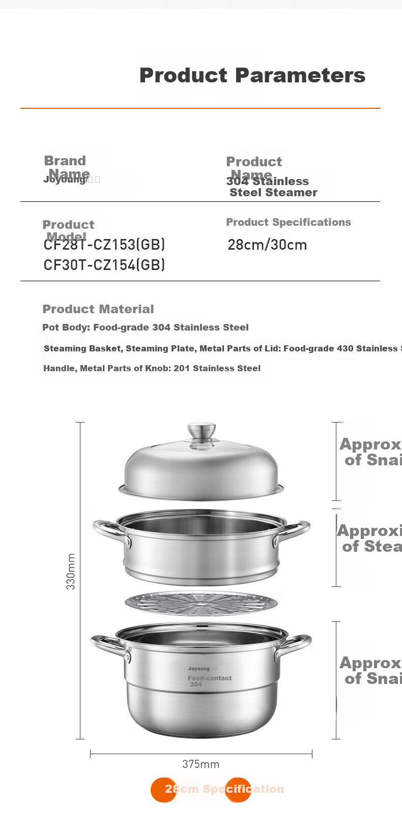 Joyoung 28cm Stainless Steel 304 Double-Layer Steamer Pot with High Dome Lid, Large Capacity, Stove Compatible for Home Steaming, Cooking, and Soup Making 14