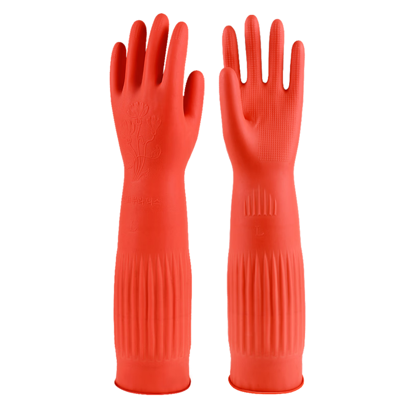 Bangshoushi Latex Gloves, 45cm, 1 Pair, Rubber Extended Sleeves, Thickened, Waterproof, Wear-Resistant, for Dishwashing, Laundry, Cleaning, Work, Protective Gear, Red