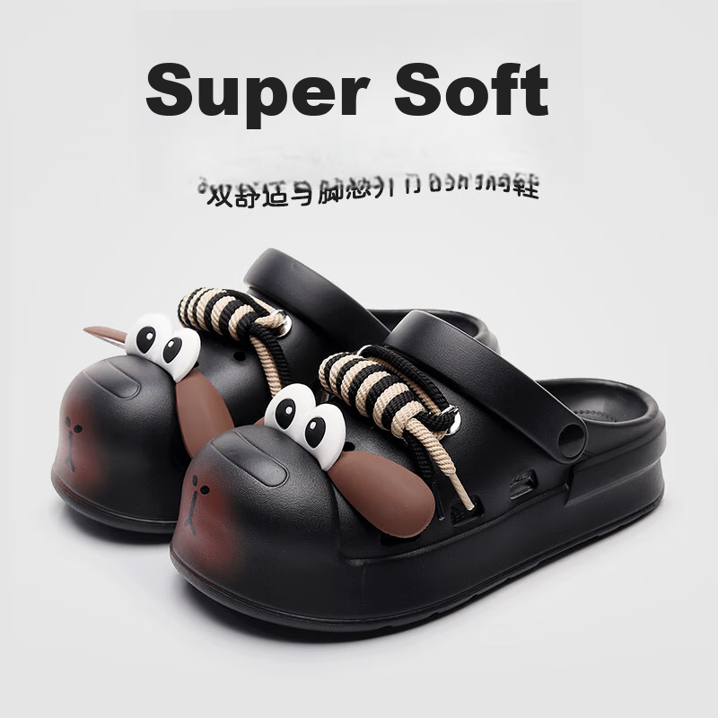 GUOLUOFEI Women's Cute Big Eye Dog Clog Sandals, Soft Sole, Closed Toe, Outdoor Casual Slip-Resistant Thick Sole Beach Shoes, Black Size 42-43
