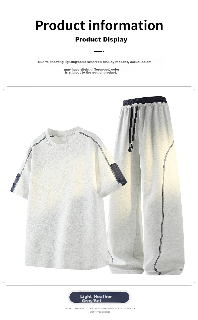 Wassup Sohot Men's Summer Sports Set Solid Color Crew Neck Short Sleeve T-Shirt Loose Fit Sports Pants Two-Piece Set Black XL 12