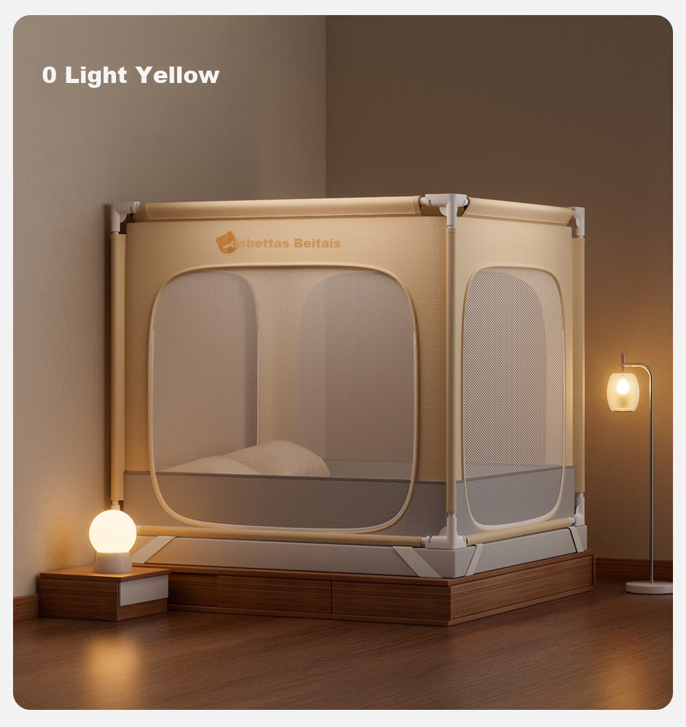 Beitais Anti-Fall Mosquito Net Baby Home Children's Bed Rail Zipper Bottom Basic Light Yellow 1.8*2m 37