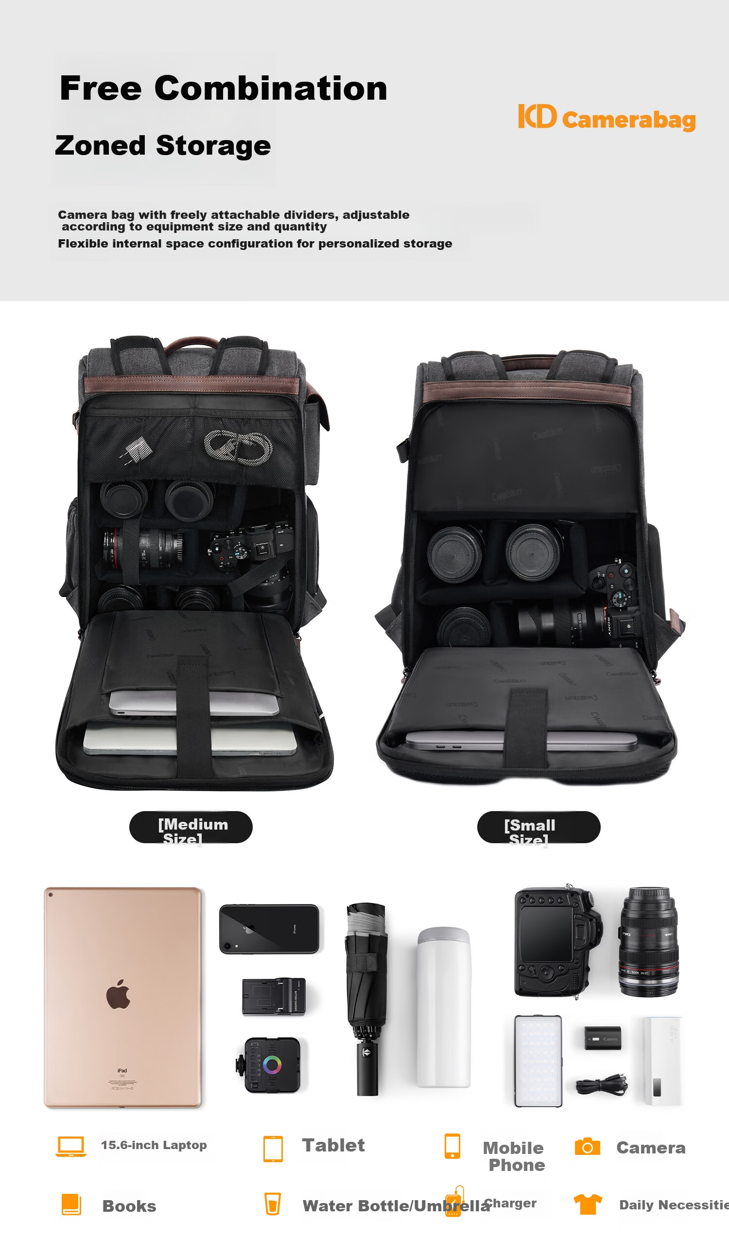 CWATCUN Vintage Camera Bag, Double Shoulder Photography Backpack with Separate Compartments for Top And Bottom, Scratch-Resistant, Wear-Resistant, Large Capacity, Waterproof Photography Bag, Portable Bag 3