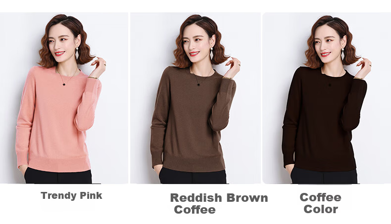 Hengyuanxiang 100% Pure Wool Women's Sweater Autumn Winter Crew Neck Casual Elegant Knit Warm Base Shirt Top 7