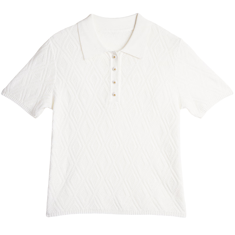 Olrain Summer New POLO Collar Commuter Rhombus Jacquard Knit Sweater for Women White L