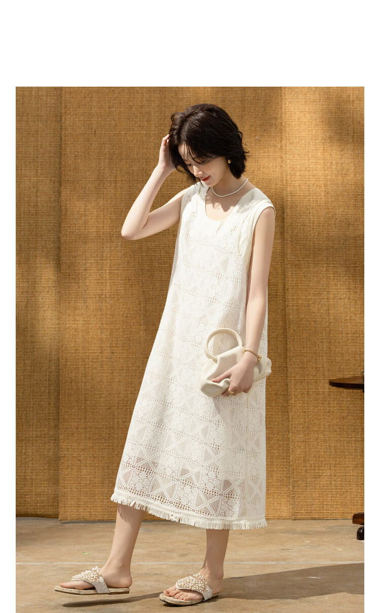 Demana [Lyocell Cloud Cotton] Summer Elegant Urban Lace Crochet Sleeveless Tassel Slim Fit Dress for Women Premium 10