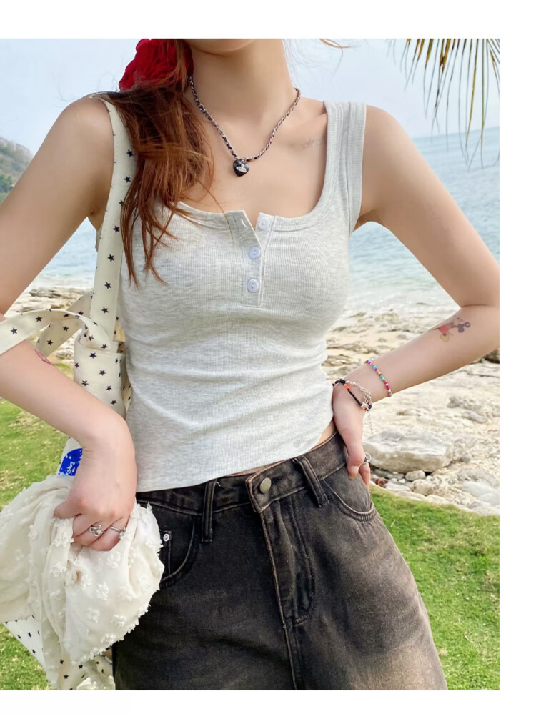 Langsha Spicy Girl American Style Ribbed Button Slim Fit Tank Top for Women 16