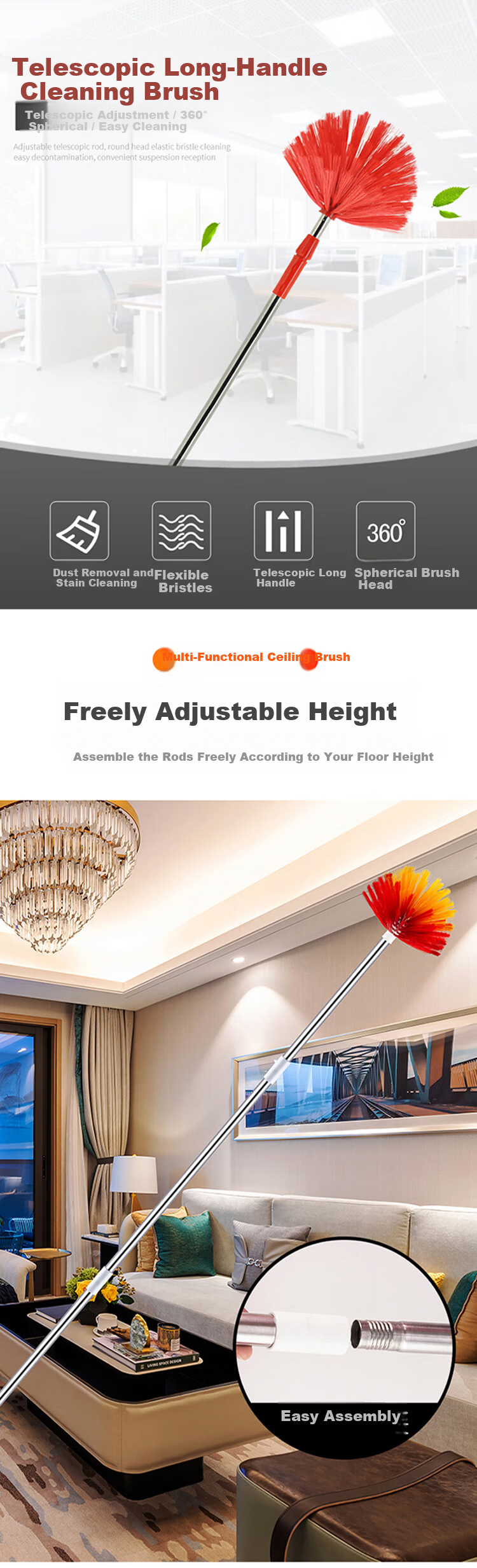 Bingyou Ceiling Roof Corner Cleaning Tool 230cm Extra Long Telescopic Pole Spider Web Brush Broom 1