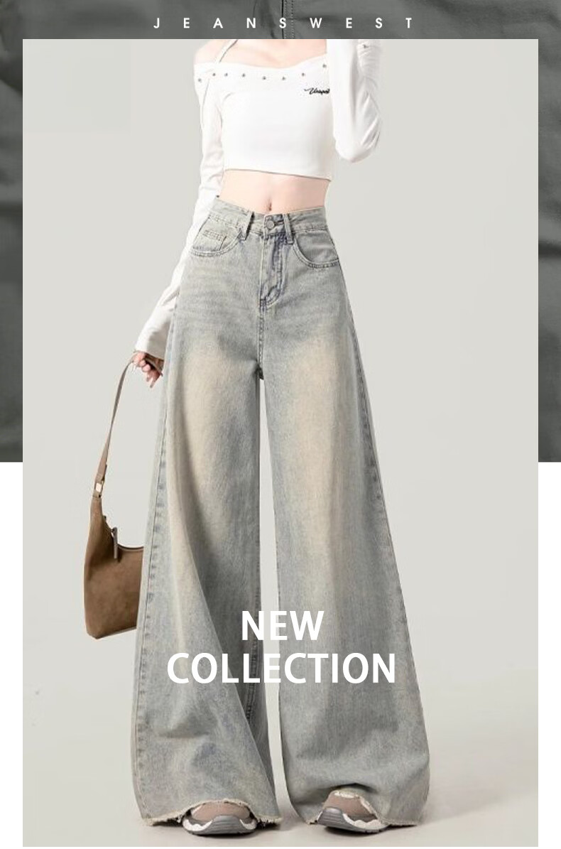Jeanswest Women's Jeans 2026 Vintage Washed Straight High Waist Loose Distressed Raw Hem Wide Leg Pants Nostalgic Blue L 1