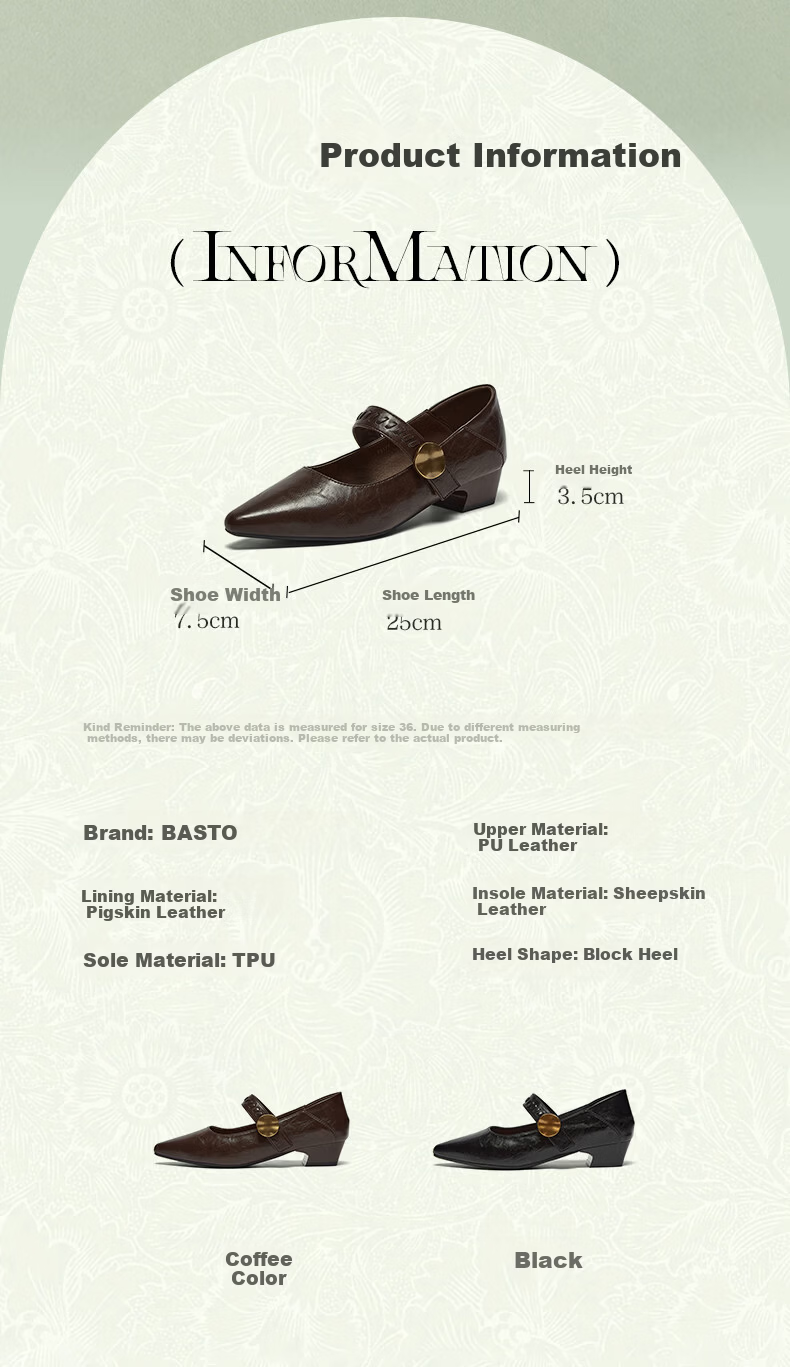 BASTO 26 Spring Mall Pointed Toe Chunky Heel Mary Jane Shoes Women's Leather Single Shoes F5177AQ6 Black 35 2