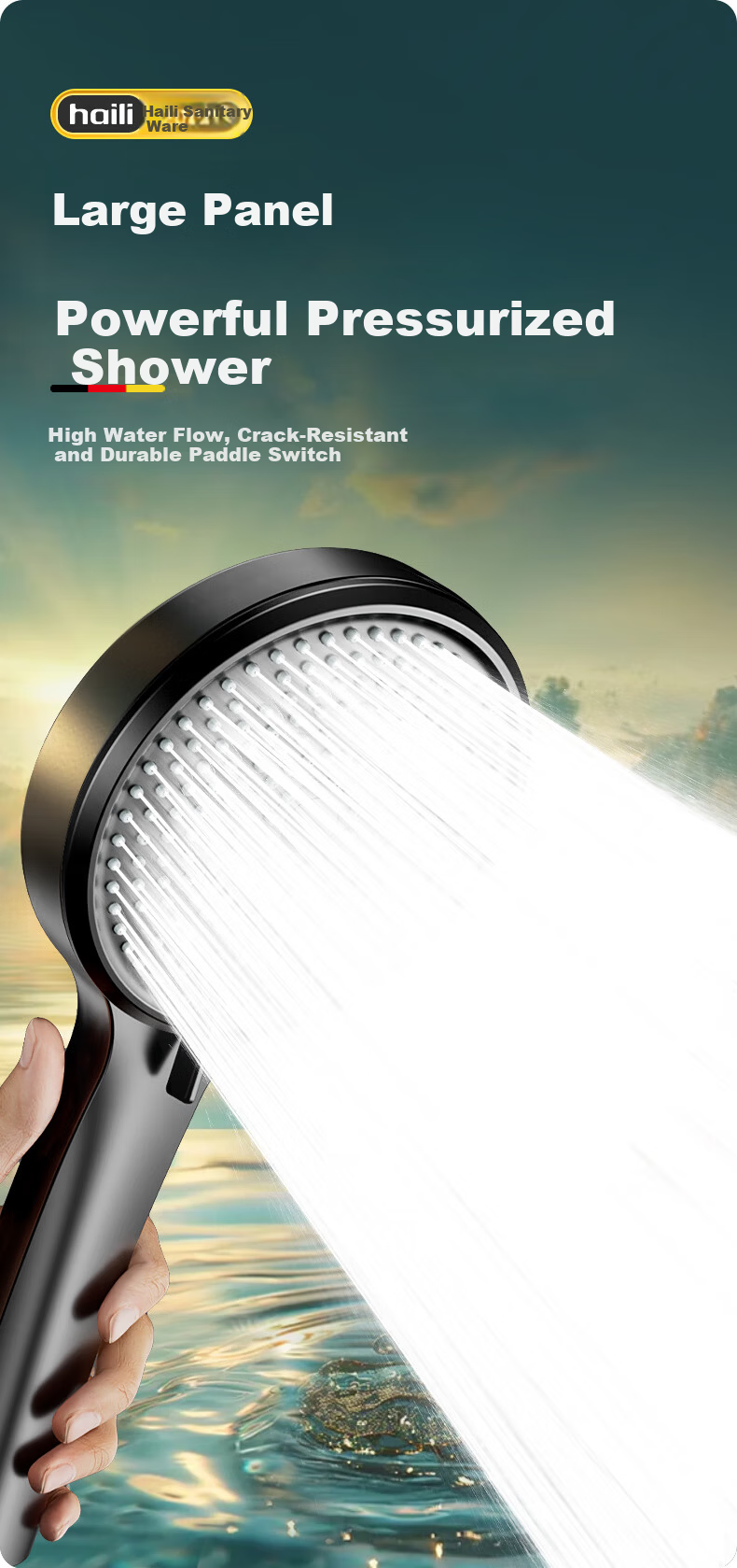 Haili German Black High-Pressure Large Panel Shower Head with Booster Bathroom Heater Single Showerhead ZH244-H 1