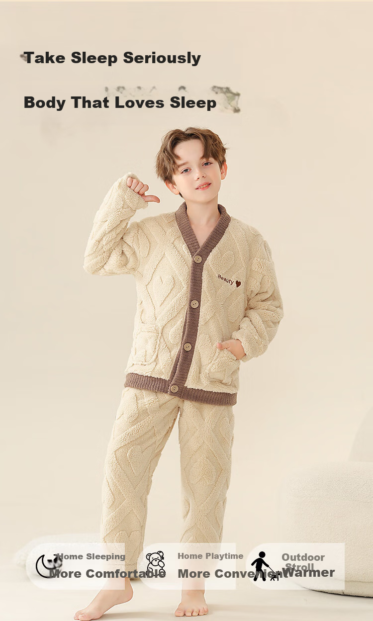 LangSha Fleece-Lined Thickened Flannel Children's Pajama Set Autumn Winter Boys Sleepwear Warm Clothes 6
