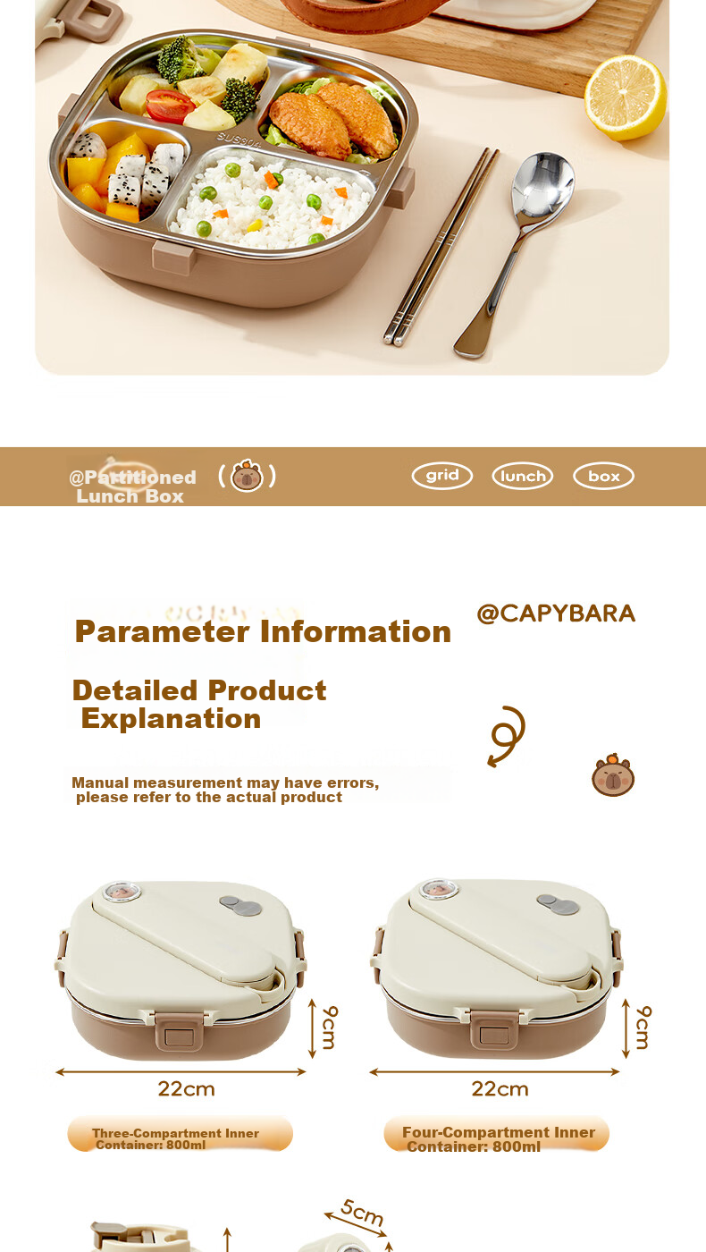 WORTHBUY Insulated Lunch Box 304 Stainless Steel Elementary School Cafeteria Divided Tray with Utensils Portable Bento Box Brown 3 10