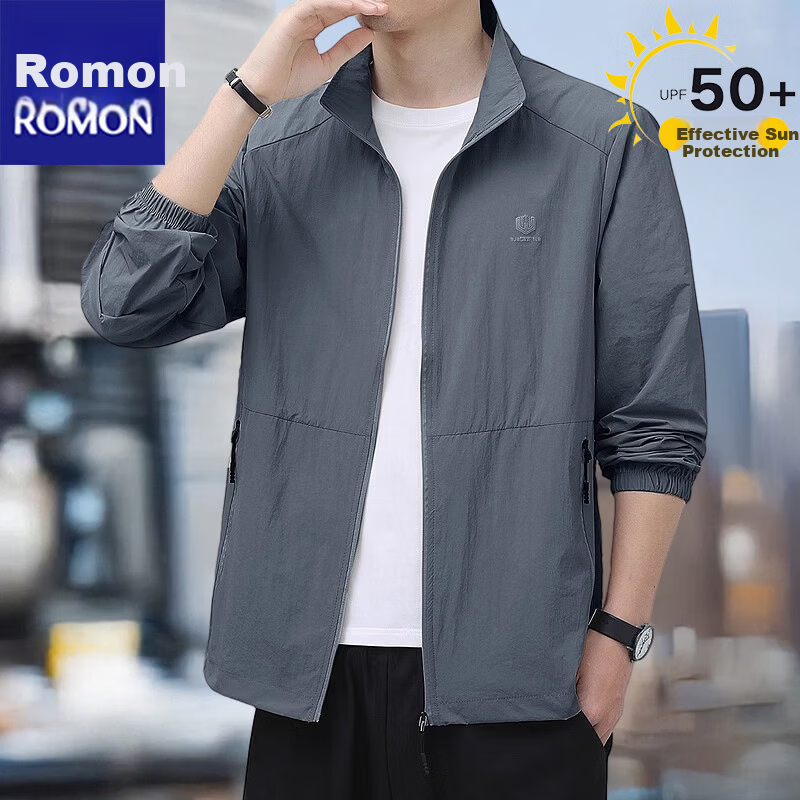ROMON Men's Sunscreen Jacket Summer Stand Collar Ice Silk Cooling Outdoor Breathable Loose Casual Skin Jacket Dark Gray 2XL
