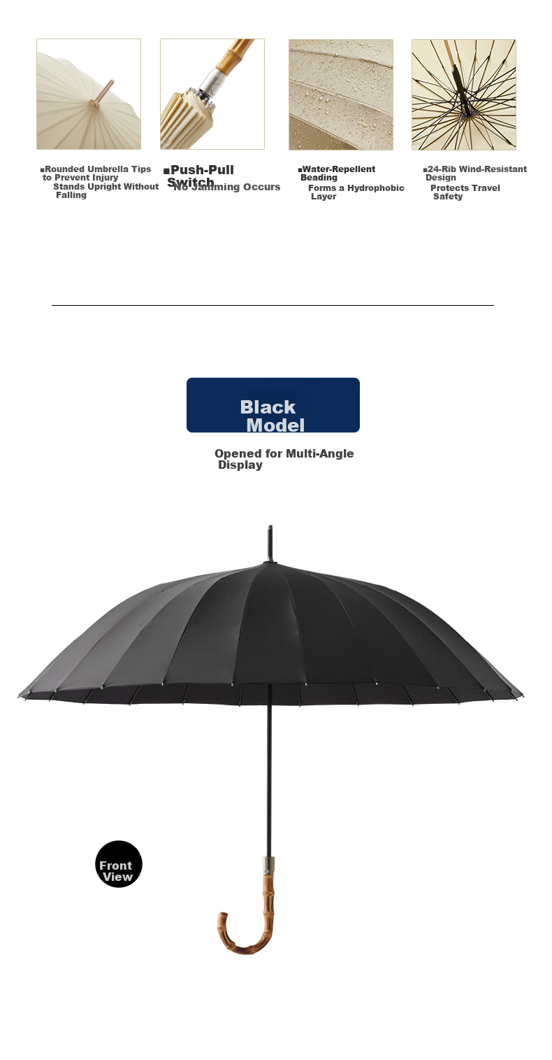 Obsu Japan 24-Rib Bamboo Joint Heavy Rain Umbrella Sturdy Long Handle Simple Design Black 17