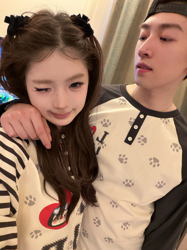 Gukoo Couples Spring Pajamas Small Penguin Print Striped Loose Raglan Sleeve Women's Homewear Set Men's Jade White S 16