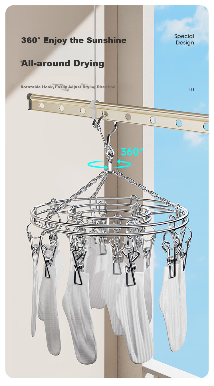 Meiliya Stainless Steel Round 16-Clips Sock Hanger Windproof Laundry Rack for Home Underwear Drying 9
