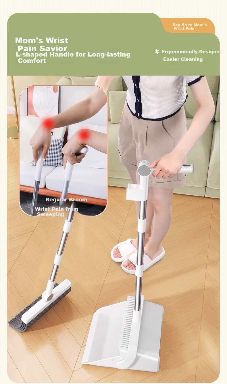 Jieshibao Broom And Dustpan Set, Household Broom Combination, Non-Stick Hair Sweeping Tool, Floor Scraper, Nordic Gree 8