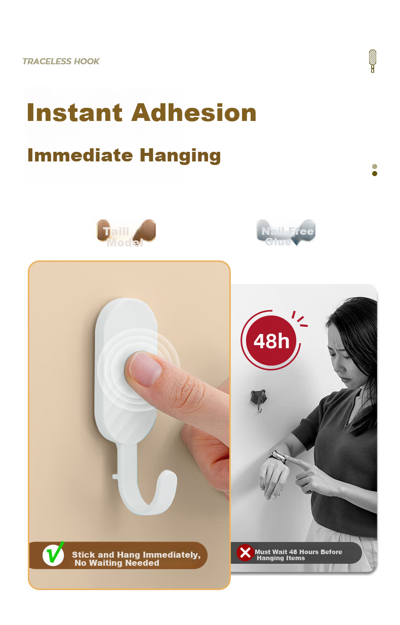 Taili No-Trace Adhesive Hooks Strong No-Drill Wall Hooks for Bathroom Kitchen Door Clothes Hangers, 4-Pack 7