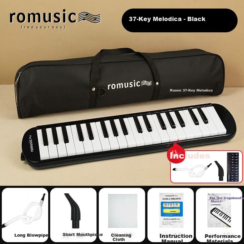 Romusic 37-Key Melodica for Elementary School Students, Black, Beginner Wind Keyboard Instrument for Children 2